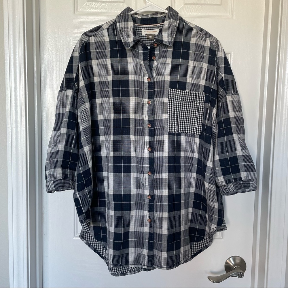 Anthropologie Pilcro Oversized 100% Cotton Flannel Top Blue Plaid Womens Size XS